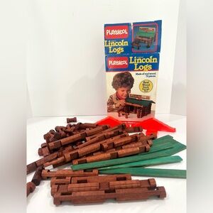 Vintage 1986 Playskool Lincoln Logs Blacksmith 69 Pieces Real Wood w Box- Read!